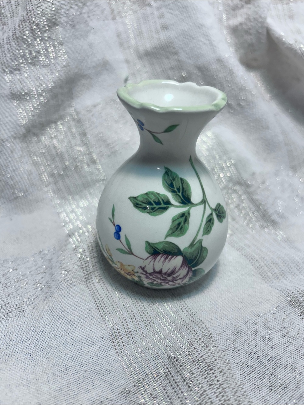 Princess House White Porcelain Bud Vase with Green Rim and Floral Accents